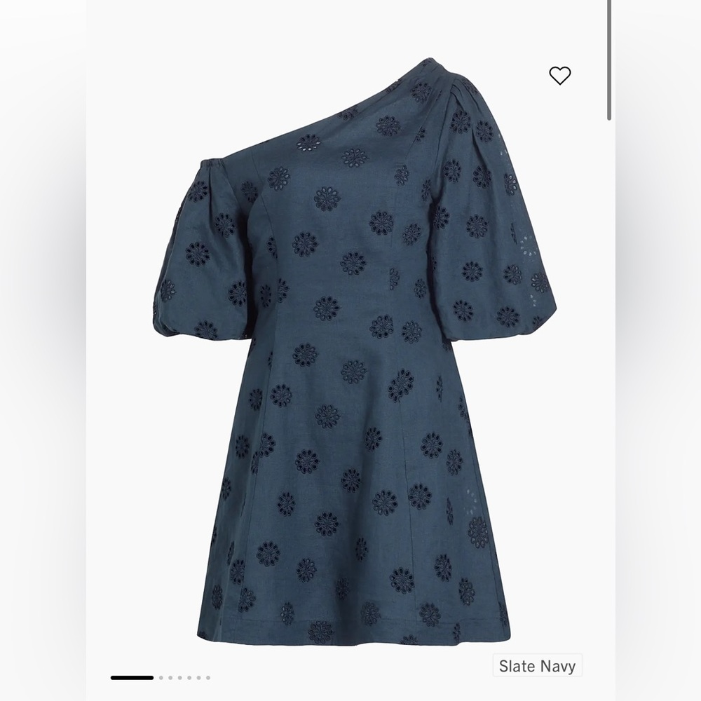 Elegant One-Shoulder Darcy Floral Eyelet Linen Dress in Navy